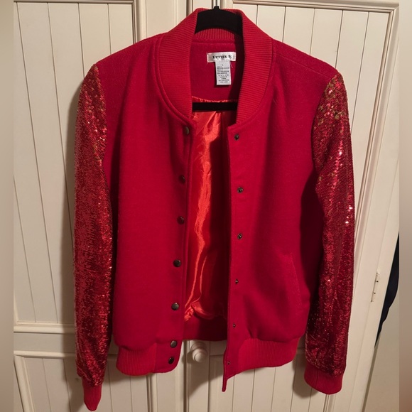Better B Red Sequin Sleeve & Wool Bomber Jacket Size Large - Picture 6 of 10